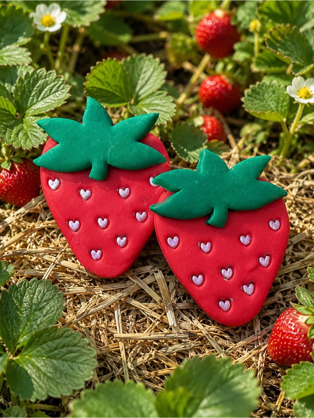 Strawberry Heart Stud Handmade Polymer Clay Earrings - Red & Green